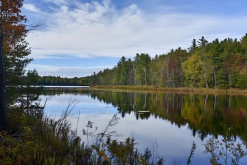 Fototapeta premium Autumn reflections. Forest mirroring still lake under a cloudy, blue sky