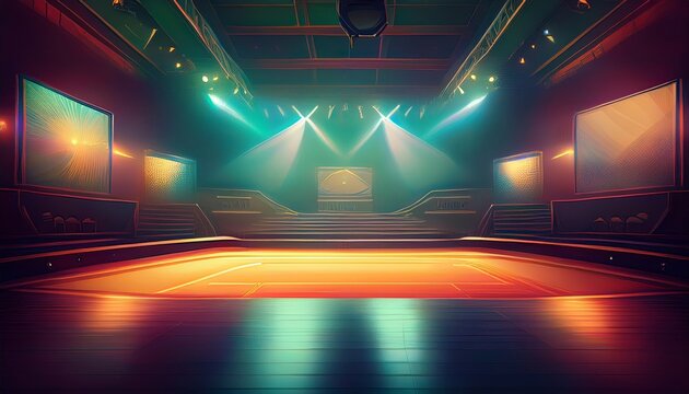 TV game show set up with big spotlights shining down on the empty stage