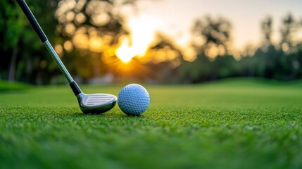 Golf Ball and Club on Green at Sunset for Golfing Recreation