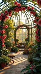 Sunlit greenhouse with flower-covered arches and lush foliage