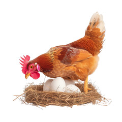 Brown Hen Laying White Eggs in Nest Surrounded by Straw on White Background