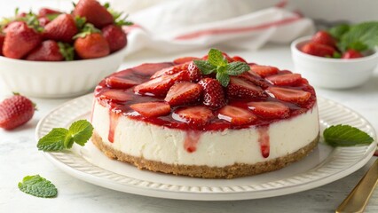 cheesecake with strawberries and mint