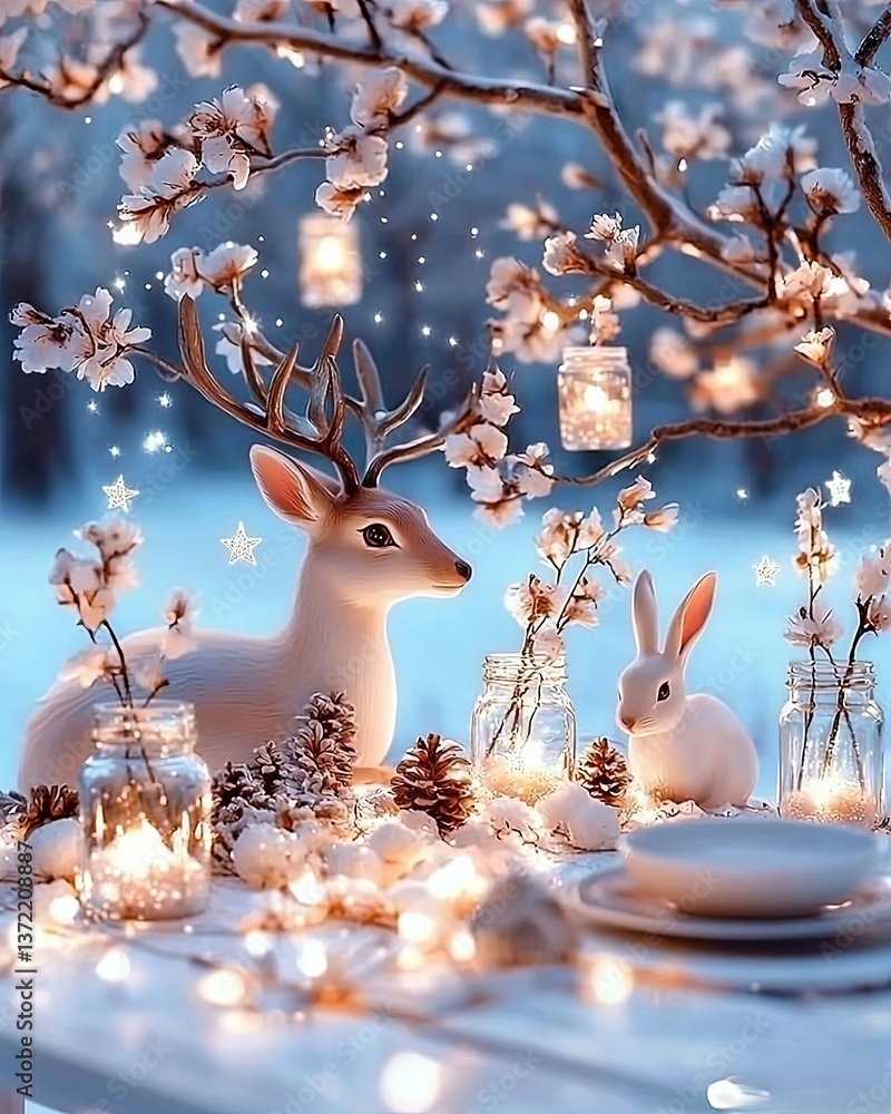 Poster whimsical forest scene with charming deer and rabbit surrounded by soft blossoms and sparkling light