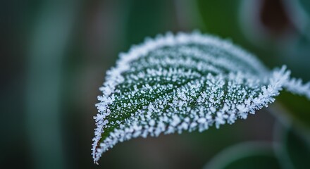 Frosty Leaf Close-up Sparkling in Winter Morning Light on Green Background