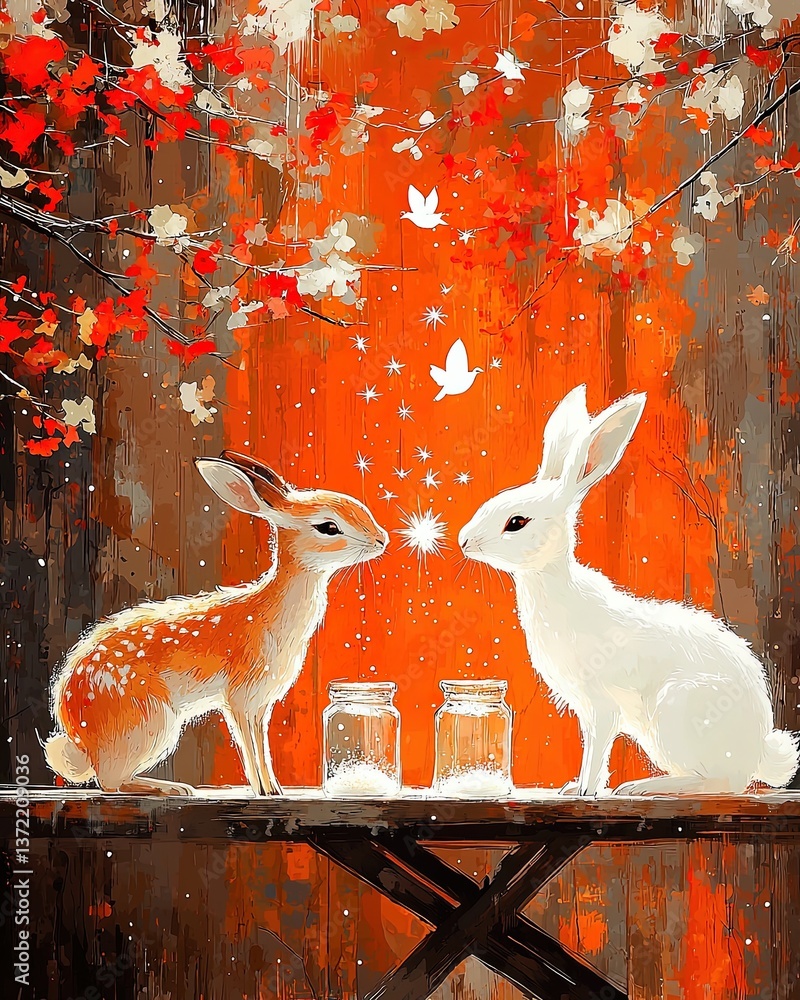 Poster whimsical forest scene with two rabbits and sparkling element surrounded by nature and gentle colors