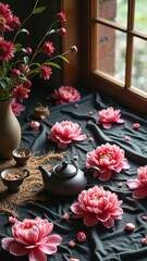 Zen tea ceremony with pink lotus flowers and rustic pottery near sunlit window