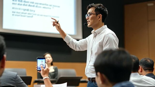 Teacher pointing at Mandarin phrase in lecture hall