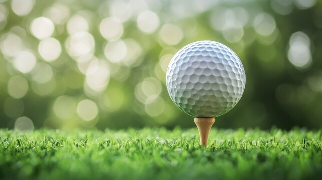 Golf Ball on Tee Ready for Game with Blurry Green Background