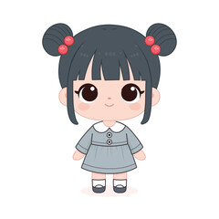 Cute Kawaii Style Girl Character With Pigtail Buns Hair