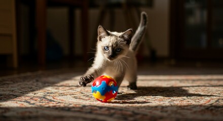 Adorable Siamese Kitten Playing with Colorful Toy Ball on Carpet Indoors