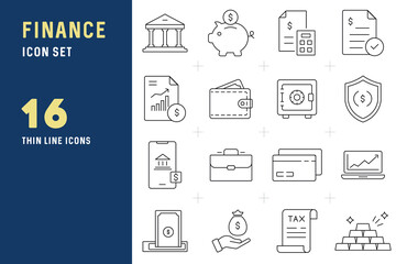 Finance thin line icons set. Banking elements outline icons collection. Banking elements symbols. Bank, deposit, tax, pigbank, wallet, piggy, suitcase, safe - stock vector.