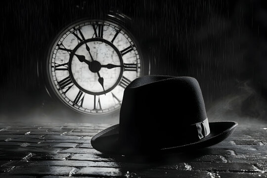 Black And White Photo Of A Fedora Hat And Antique Clock In The Rain