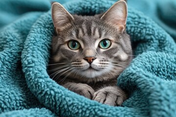 A gray cat peers out from a soft teal colored blanket