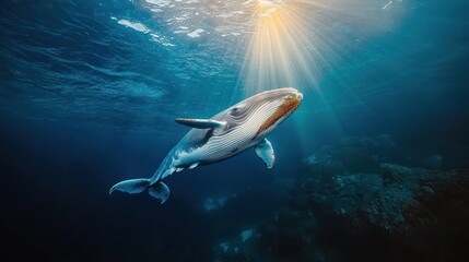 Naklejka premium Whale swimming underwater, sunbeams (1)