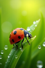 Naklejka premium Red ladybug peacefully perched on a dew-covered green grass blade against a blurred background