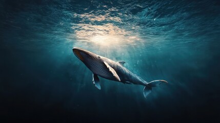 Fototapeta premium Whale swimming underwater, sunbeams