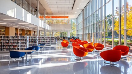 A large room with orange chairs and tables