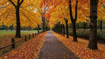 Naklejka premium Paved path through autumn forest with yellow and orange leaves perfect for fallthemed designs, nature book covers, or seasonal blog posts.