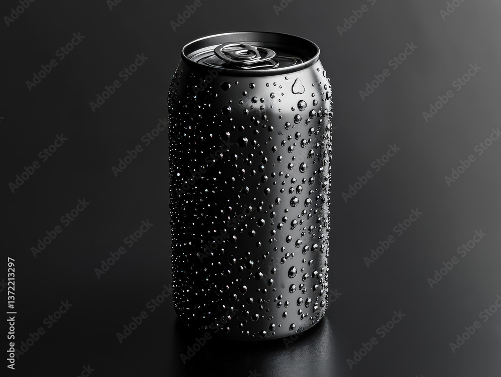 Aufkleber can of soda is sitting on a table with condensation on the outside. concept of coolness and refreshm