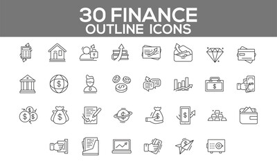 Finance Outline Icons – Banking, Investment & Economy Vector Set (Editable)