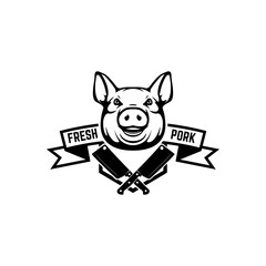 butcher shop, fresh pork labels. Design element for logo, label, emblem, sign, mark. Vector illustration.