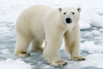 Fototapeta premium A large polar bear stands on icy frozen arctic landscape