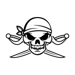  pirate skulls with swords. Design element for logo, label, emblem, sign, brand mark. Vector illustration.