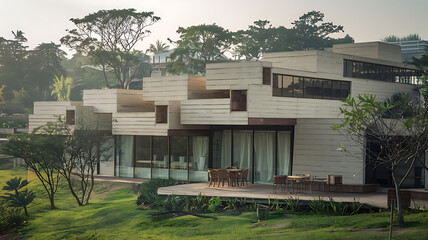 Fototapeta premium Modern concrete house with terrace lush landscaping Stylish contemporary design