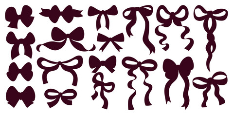 Vintage coquette aesthetic black ribbon bow silhouette set. Romantic girly vibe. Isolated Vector Trendy simple decorative holiday Fashion Accessories hand-drawn drawings on white background