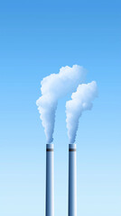 Industrial smokestacks releasing thick smoke plumes against pristine blue sky, symbolizing environmental impact of manufacturing pollution