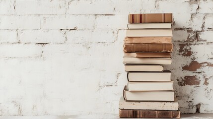 Stack of Vintage Books Against White Brick Wall Home Library Reading Bookshelf
