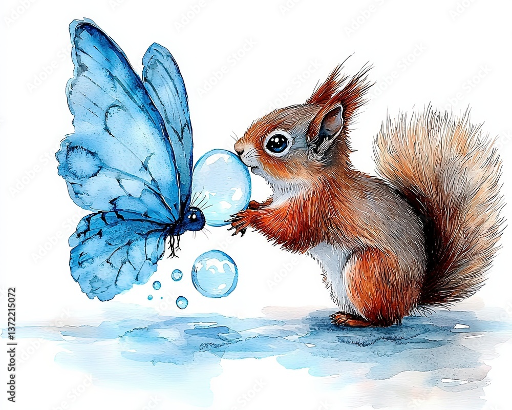 Poster whimsical illustration of a squirrel interacting with a colorful butterfly in a serene forest settin