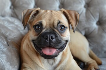 A happy smiling dog looks directly at the camera and smiles