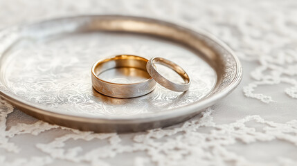 Wedding rings gold and silver resting on ornate silver tray against intricate white lace, representing romantic union and forthcoming marital celebration