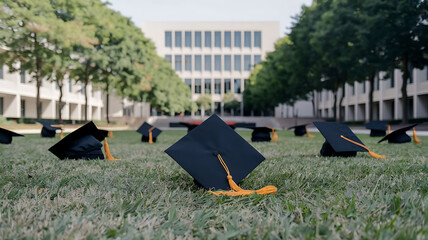 Graduation caps on grass campus setting