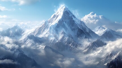 Obraz premium 雲と青空に包まれた雪山