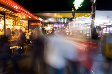 Blurred night street scene with people, lights, and urban ambience