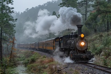 Fototapeta premium A historic steam train travels through a misty forested mountain