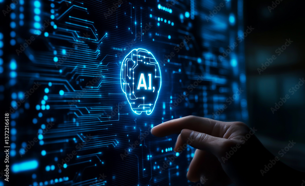Poster close-up of a hand touching an ai icon on a digital screen with a circuit board background, text ai