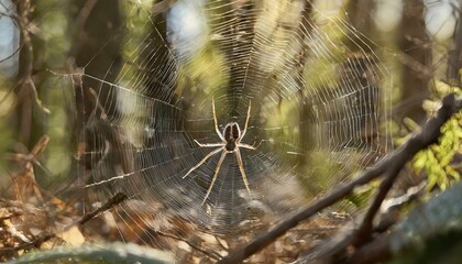 Ultra-clear shot of a small spider spinning its web in a forest, every tiny strand and its intricate design visible in high definition