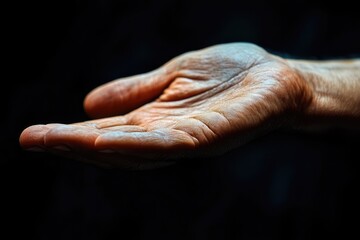 Fototapeta premium Close-up of an Elderly Person's Outstretched Hand, Warm Light on Wrinkled Skin