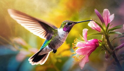 Fototapeta premium A hummingbird hovering near a blooming flower, wings blurred in motion with vibrant colors popping in the background.