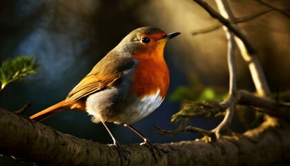 Fototapeta premium Close-up of a robin perched on a tree branch, soft morning light illuminating its colorful feathers