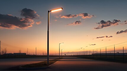 Serene Sunset Landscape Illuminated Road with Modern Streetlights
