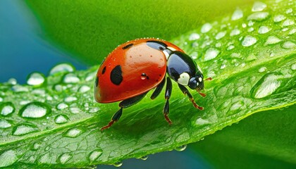 Fototapeta premium Macro shot of a ladybug walking across a fresh green leaf, with water droplets clinging to its back, captured in ultra-clear focus