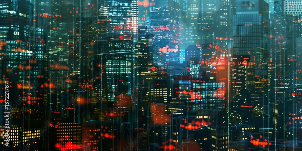 Poster cityscape with networked electronic devices and data