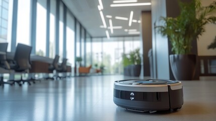 A high tech AI powered autonomous cleaning robot, navigating a commercial space and sanitizing in real-time, office setting