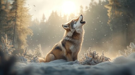 Wolf in snowy forest, sunrise