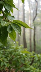 Close-up of raindrops on green leaves in a misty forest, showcasing nature's tranquility