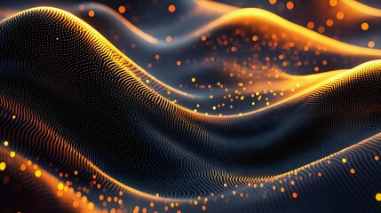 Abstract wavy patterns with glowing orange particles creating a mesmerizing digital landscape. Perfect for technology and creative projects.